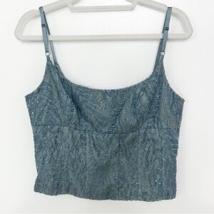 Carmen Marc Valvo Lace Sequin Beaded Top Blue Gray